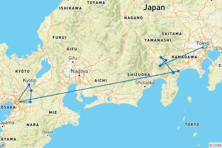 Karte von 10-tägige Japan-Rundreise für Familien mit Kindern (privater deutscher Reiseleiter und Fahrer) – individuell anpassbar