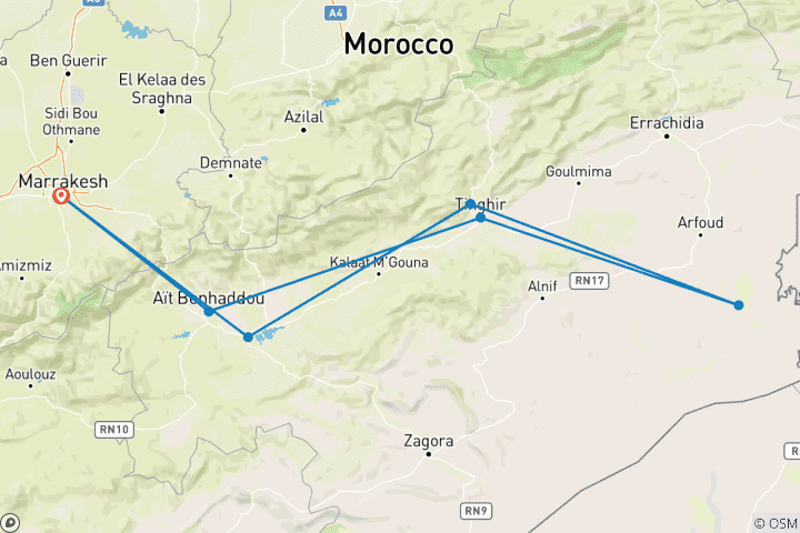 Mapa de Viaje de 4 días a Marruecos para estudiantes, con salida desde Marrakech