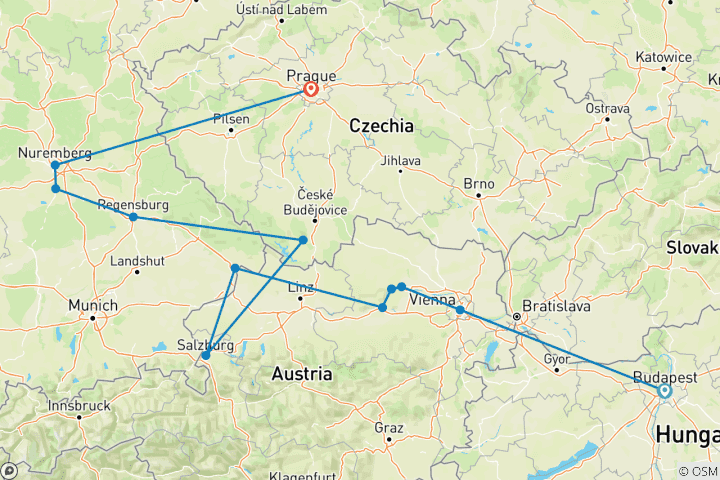 Carte du circuit Circuit « À la découverte du Danube bleu » avec 2 nuits à Budapest et 2 nuits à Prague 2028