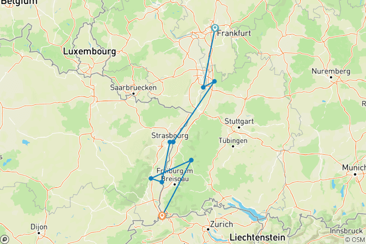 Carte du circuit Noël en Alsace et en Allemagne (vers le sud)