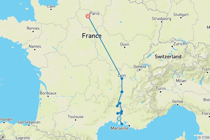 Carte du circuit Active & Discovery sur le Rhône avec 2 nuits à Paris (vers le nord)