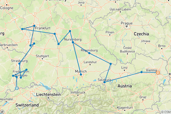 Map of Christmastime from Basel to Vienna