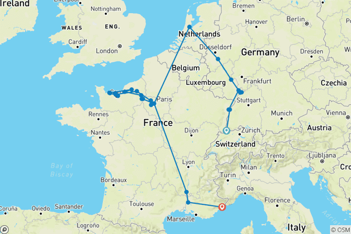 Karte von Europäisches Meisterwerk: Rhein, Seine und Rhône mit der französischen Riviera