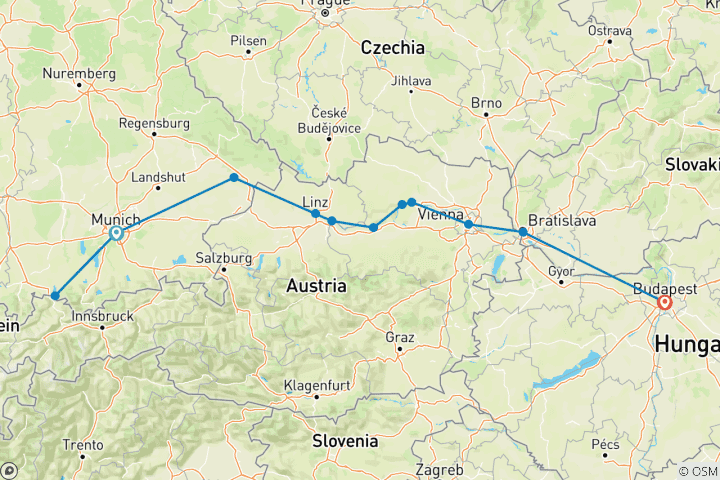 Carte du circuit Danube Symphony avec 2 nuits à Munich et 1 nuit à Budapest (vers l'est)