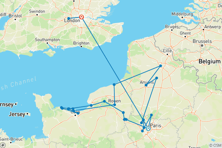 Map of Paris to Normandy WWII Remembrance & History Cruise with 3 nights in London