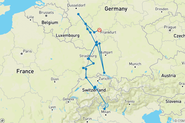 Carte du circuit Noël sur le Rhin romantique avec 3 nuits au lac de Côme, 1 nuit à Lucerne et les Alpes suisses (itinéraire vers le nord) 2028