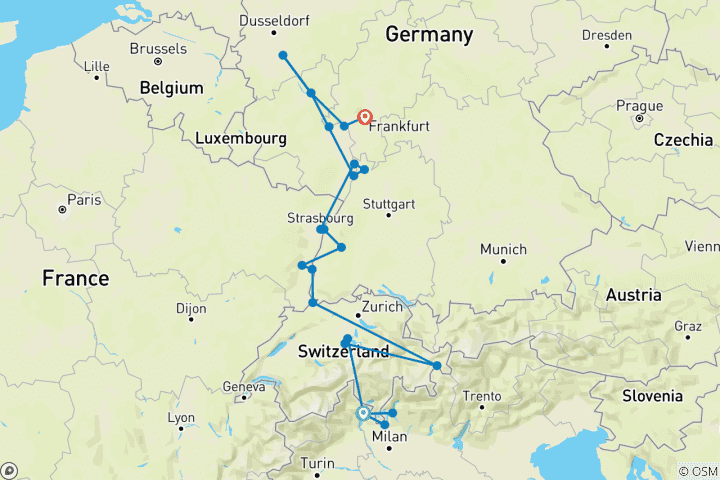 Karte von Weihnachtszeit am romantischen Rhein mit 3 Übernachtungen am Comer See, 1 Übernachtung in Luzern mit den Schweizer Alpen (Richtung Norden)