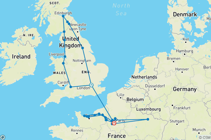 Carte du circuit Sampler Grande- Bretagne avec Paris à la Normandie
