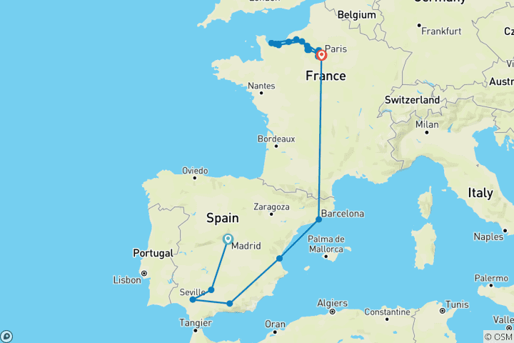 Map of The Best of Spain with Paris to Normandy 2028