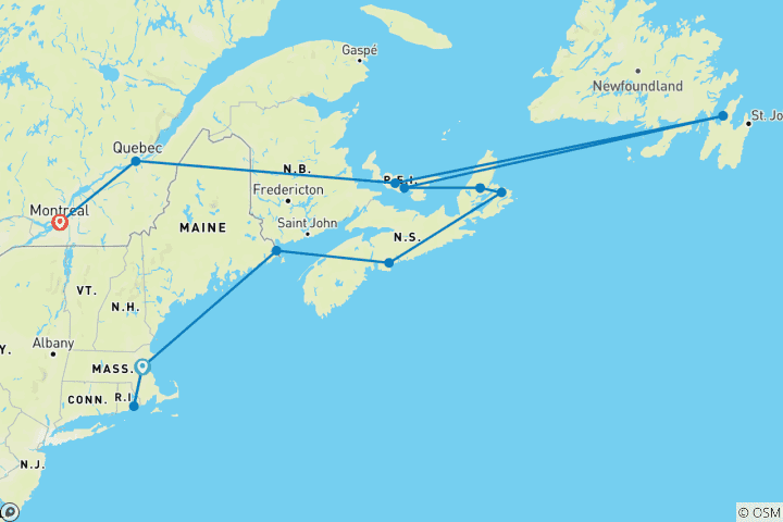 Mapa de Viaje por Nueva Inglaterra y las Provincias Marítimas de Canadá