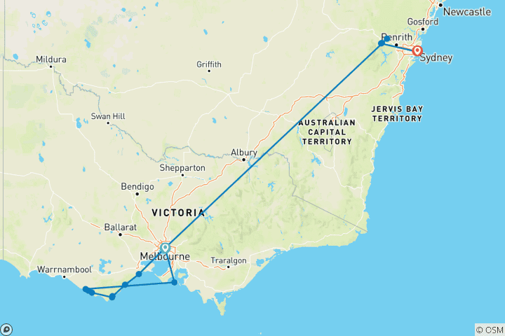 Carte du circuit D'une côte à l'autre : le road trip de rêve à travers l'Australie