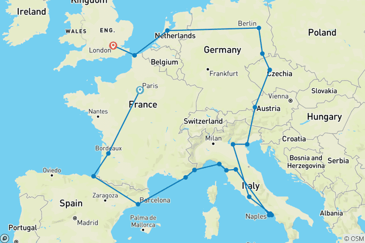 Carte du circuit European Quest (auberges de jeunesse, saison d'hiver jusqu'en mars 2027, départ de Paris, circuit classique)