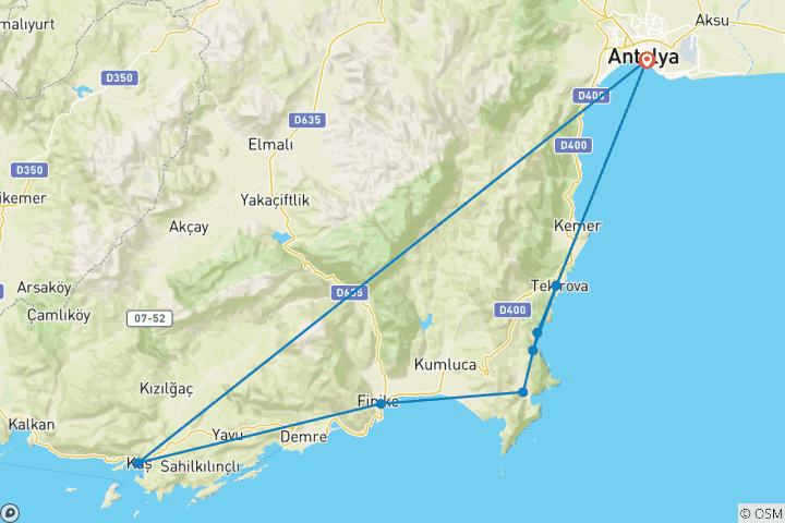 Carte du circuit À travers la Turquie sur la Route lycienne : plages, montagnes, forêts et ruines antiques
