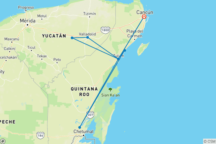 Carte du circuit Mexique : des pyramides mayas au paradis caribéen de Tulum