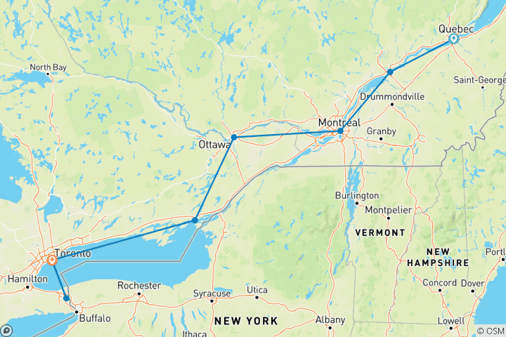 Carte du circuit Circonscription urbaine de l'Est du Canada et des chutes du Niagara