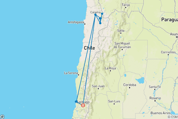 Carte du circuit Chili : la magie des Andes, les rêves du Pacifique et des villes animées