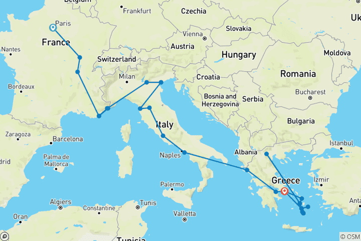 Map of London to Athens with Greek Islands (Hotels, Start Paris)