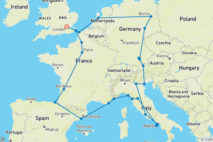 Kaart van European Quest (Hostels, Start in Londen, leeftijd 18-22)
