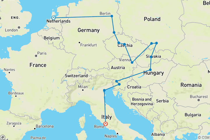 Carte du circuit Circuit Londres-Rome (auberges de jeunesse, de l'été jusqu'en mars 2027, départ d'Amsterdam, circuit classique)