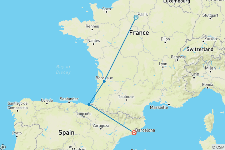 Carte du circuit Parcours Londres-Barcelone (auberges de jeunesse, de l'été jusqu'en mars 2027, départ de Paris, formule classique)