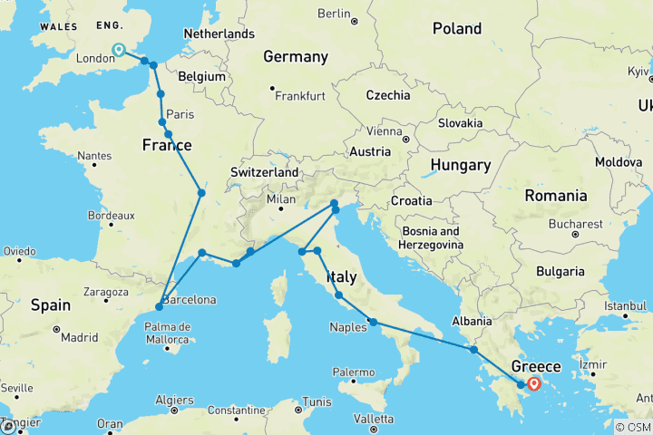 Map of London to Athens (Hostels, Start London)