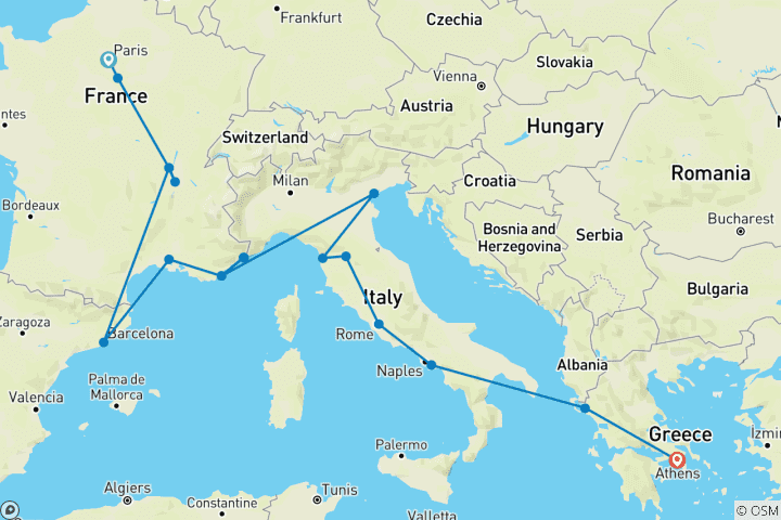 Map of London to Athens (Hostels, Start Paris)