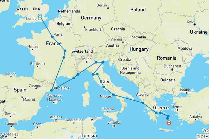 Map of London to Santorini (Hotels, Start London)