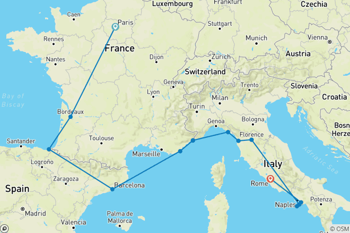 Carte du circuit Parcours Londres-Rome (auberges de jeunesse, de l'été jusqu'en mars 2027, départ de Paris, circuit classique)