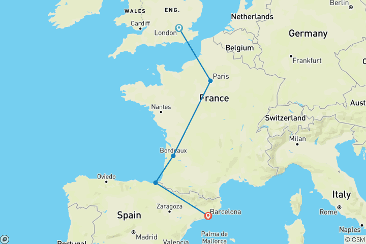 Carte du circuit Parcours Londres-Barcelone (auberges de jeunesse, départ de Londres, 18-22 ans)