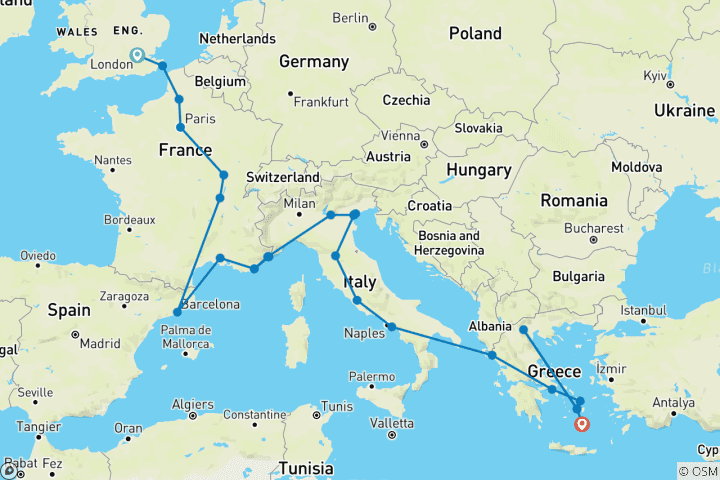Map of London to Santorini (Hotels, Start Paris)