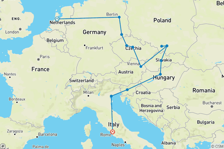 Map of London to Rome Trail (Hostels, Winter Until Mar '27, Start Amsterdam, Classic)