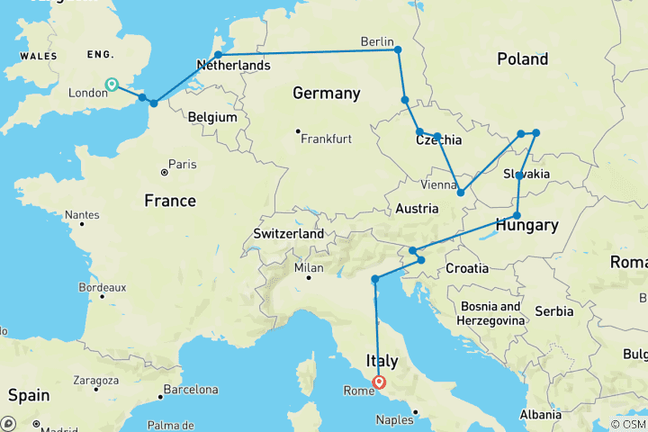 Carte du circuit Circuit Londres-Rome (auberges de jeunesse, de l'été jusqu'en mars 2027, départ de Londres, circuit classique)