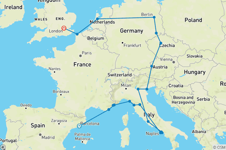 Carte du circuit Circuit Barcelone-Londres (auberges de jeunesse, hiver jusqu'en mars 2027, formule classique)