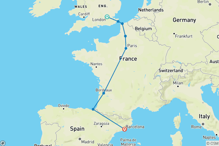 Carte du circuit Parcours Londres-Barcelone (auberges de jeunesse, été à partir d'avril 2027, départ de Londres, formule classique)