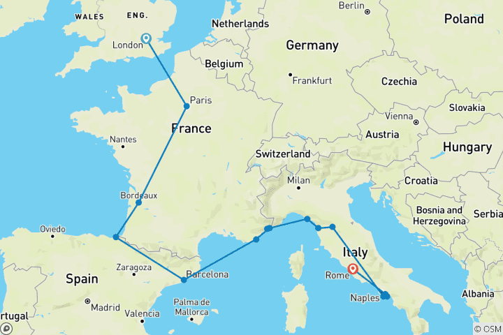 Karte von Reise von London nach Rom (Hostels, Winter bis März '27, Start in London, er)