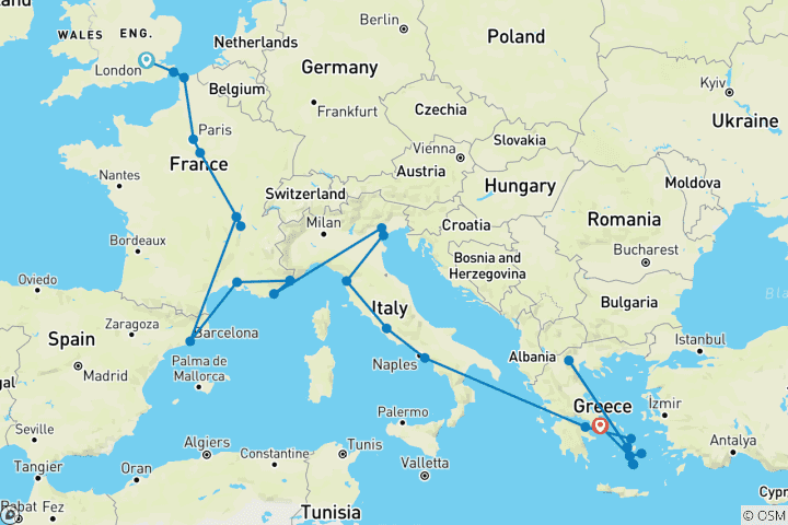 Map of London to Athens with Greek Islands (Hostels, Start London)