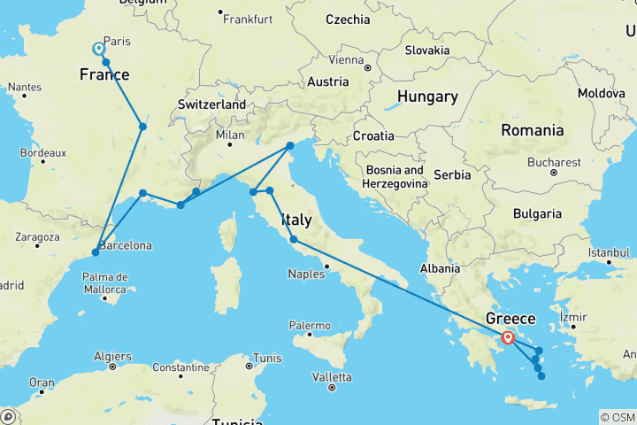 Map of London to Athens with Greek Islands (Hostels, Start Paris)