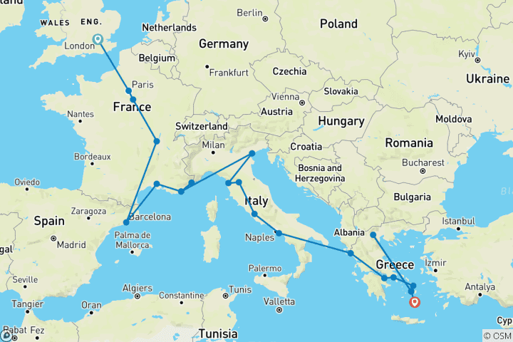Map of London to Santorini (Hostels, Start London)