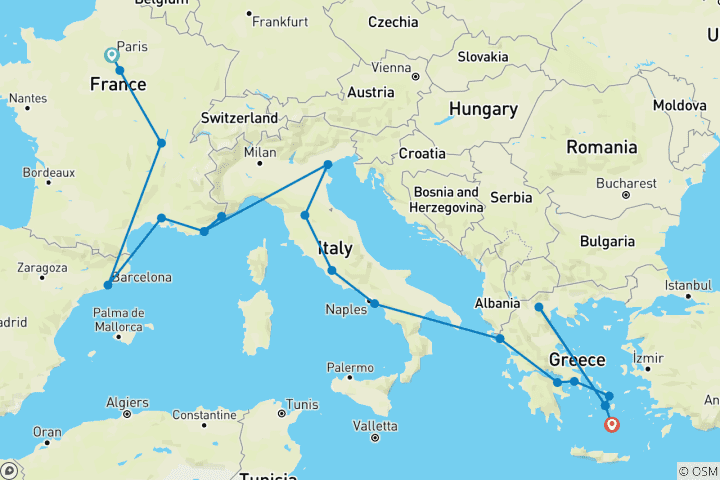 Map of London to Santorini (Hostels, Start Paris)