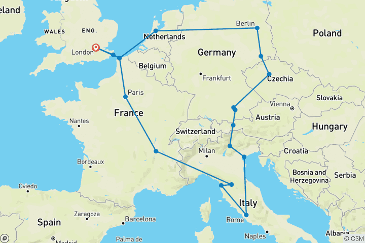 Carte du circuit Tour d'Europe (auberges de jeunesse jusqu'en mars 2027, départ de Londres, circuit classique)
