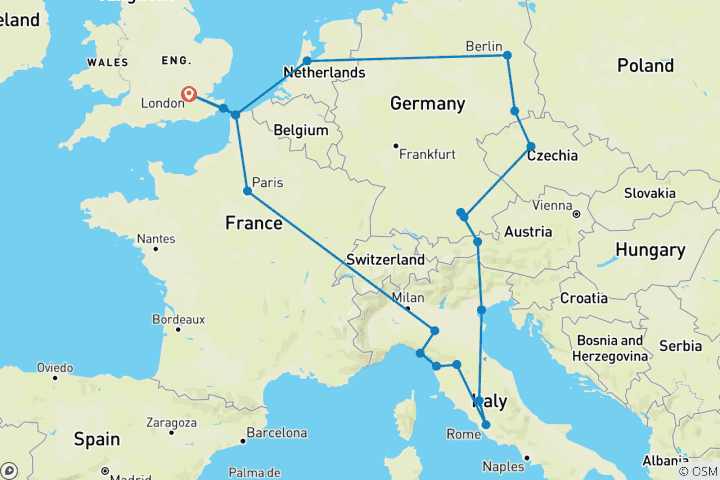 Mapa de Vuelta por Europa (hoteles a partir de abril de 2027, verano, salida desde Ámsterdam, clásico)