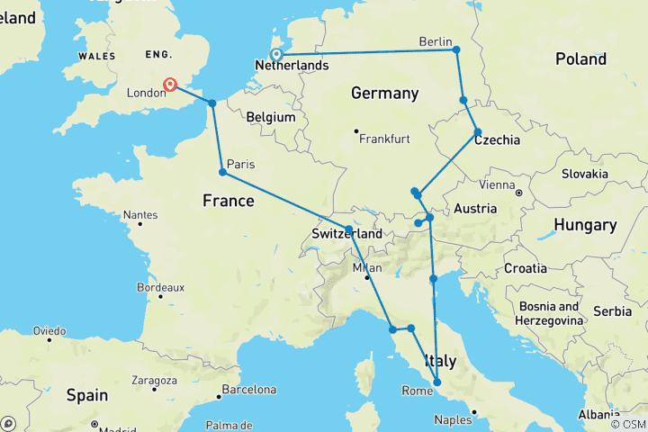 Carte du circuit Tournée européenne (hôtels jusqu'en mars 2027, été, départ d'Amsterdam, circuit classique)