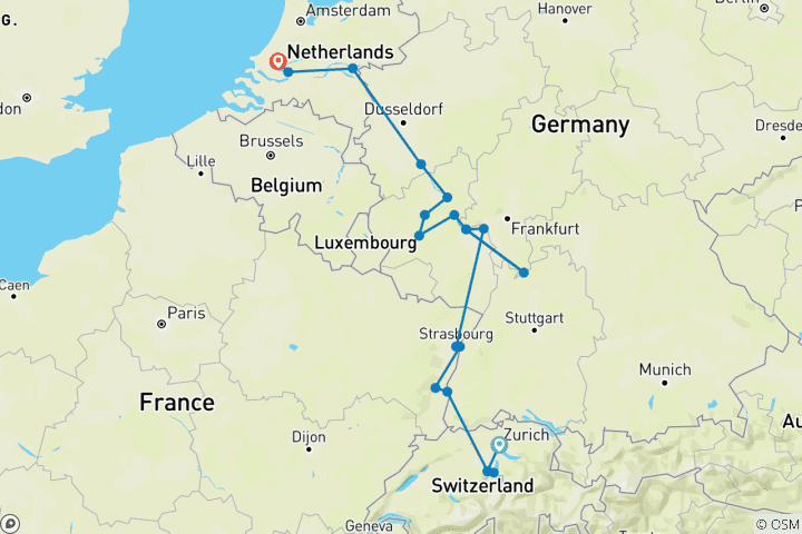 Carte du circuit Lucerne - Zurich, châteaux du Rhin et vignobles de la Moselle 2026