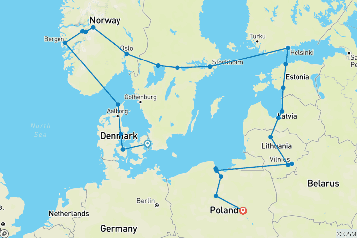 Kaart van Van Kopenhagen naar Scandinavië, de Baltische staten en Warschau – 20 dagen
