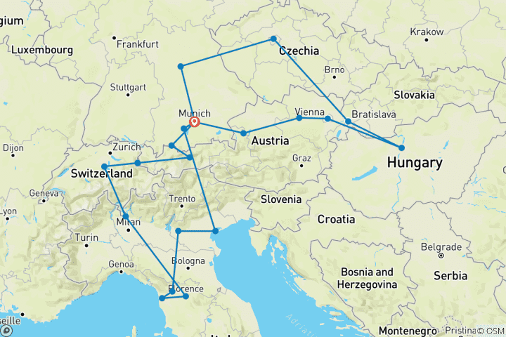 Kaart van Europese rondreis vanuit München – 15 dagen