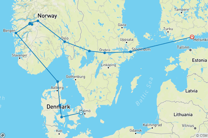 Kaart van Ontdekkingsreis van Kopenhagen naar Helsinki – 13 dagen