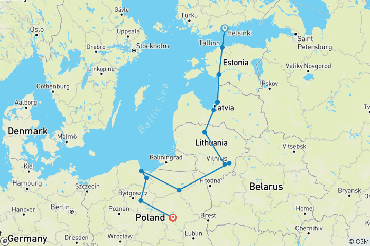 Kaart van Ontdekkingsreis van Helsinki naar Warschau – 10 dagen