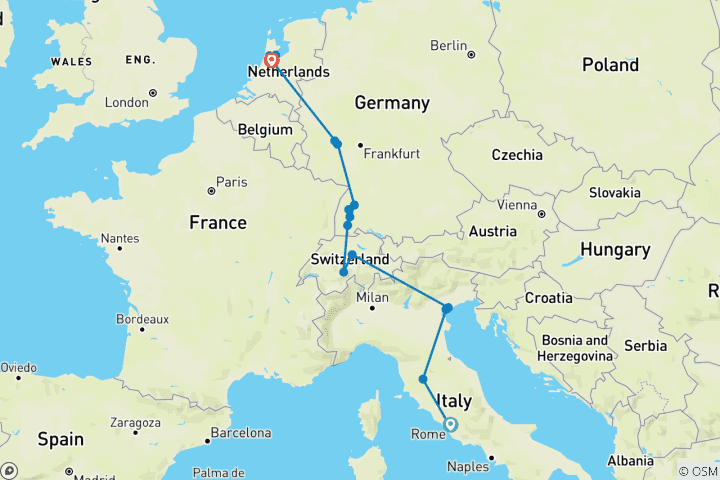 Carte du circuit Circuit « Découverte » de Rome à Amsterdam – 10 jours