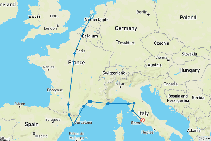 Kaart van Ontdekkingsreis van Amsterdam naar Rome – 11 dagen