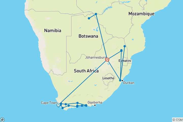 Map of South Africa & Victoria Falls Explorer - 17 days
